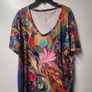 JustFashionNow 3XL women's vneck vibrant print tshirt Peacock Abstract F…